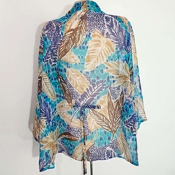 Bon Worth Semi Sheer Tropical Leaf Detail Kimono Aqua Size L - Picture 7 of 12